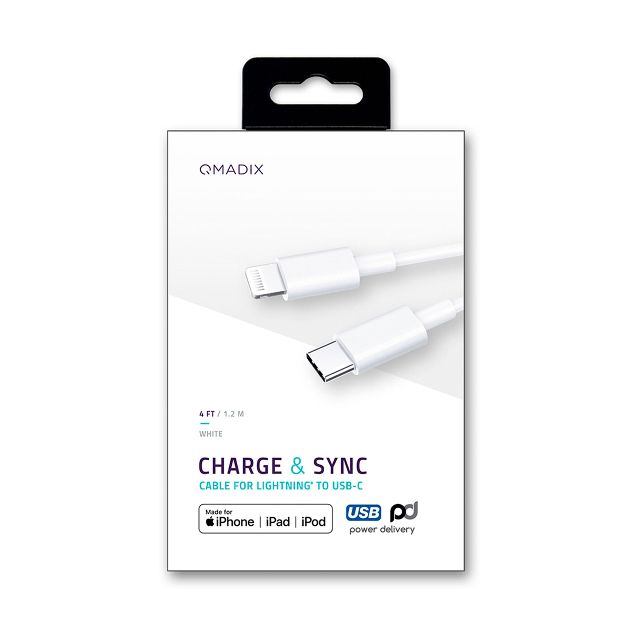 Qmadix - Charging Data Sync Usb C To Apple Lightning Cable 4ft - White