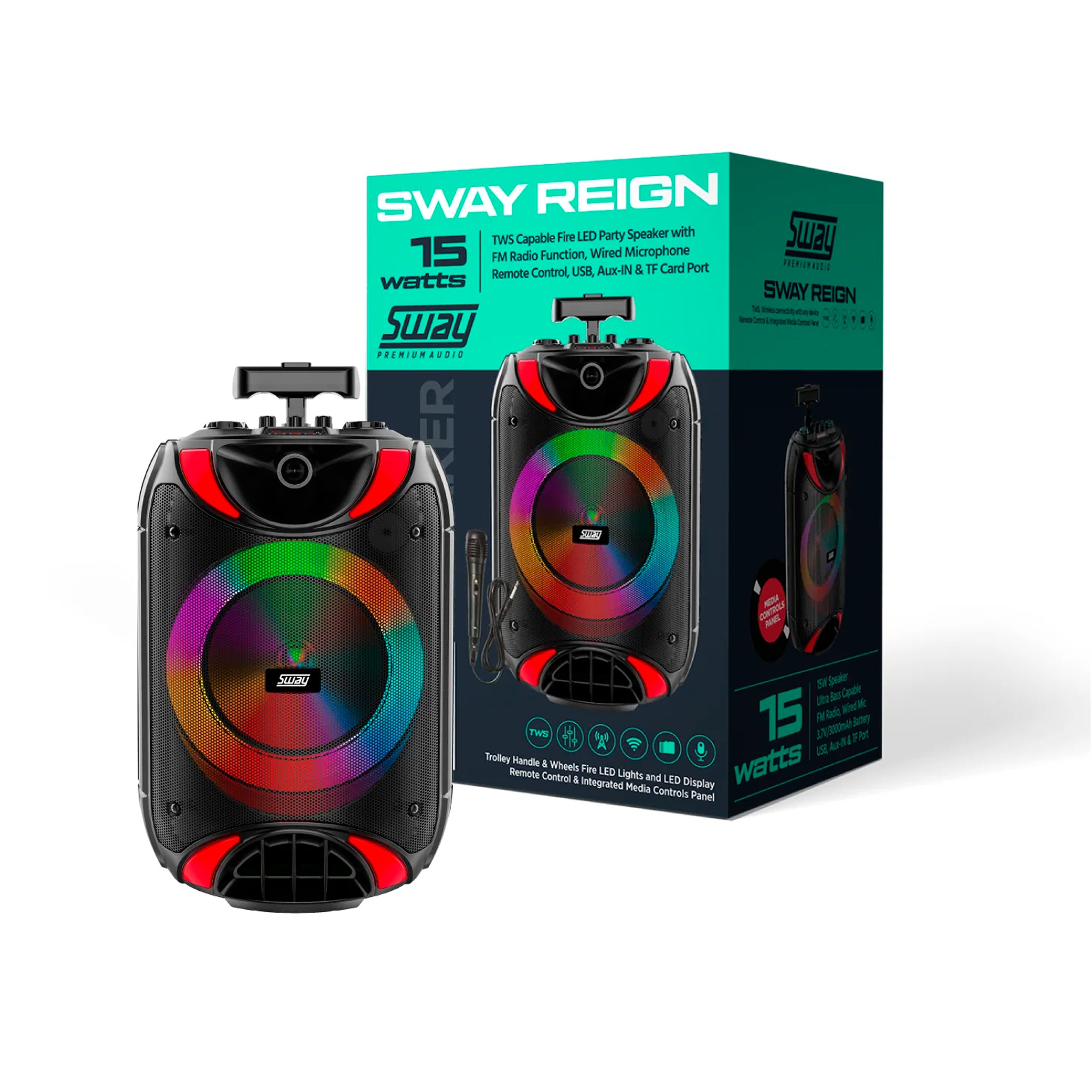 Ampd - Sway Reign Led Bluetooth Party Speaker 15w - Black And Led Face