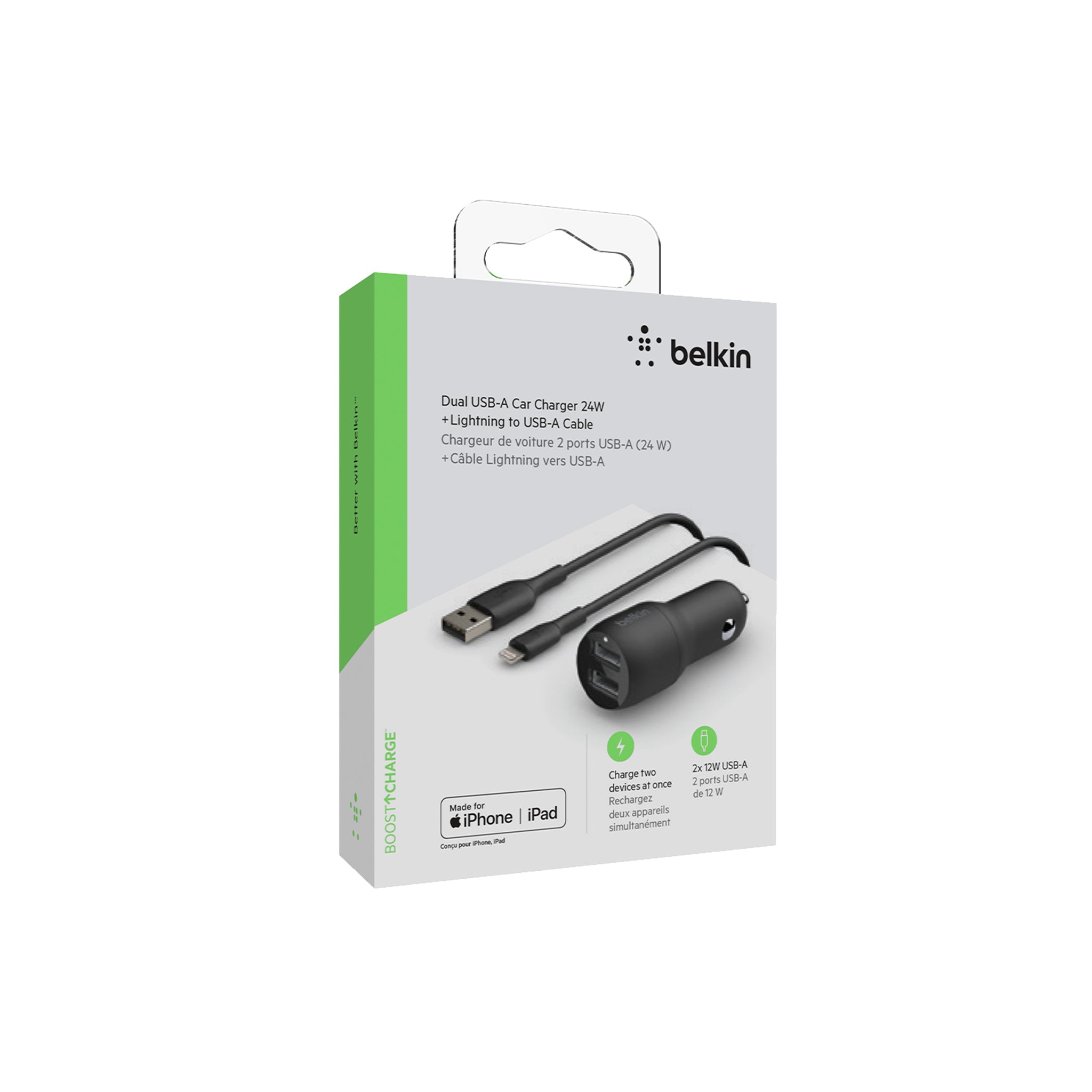 Belkin - Boost Up Charge Dual Port Usb A Car Charger 24w With Apple Lightning Cable 3ft - Black
