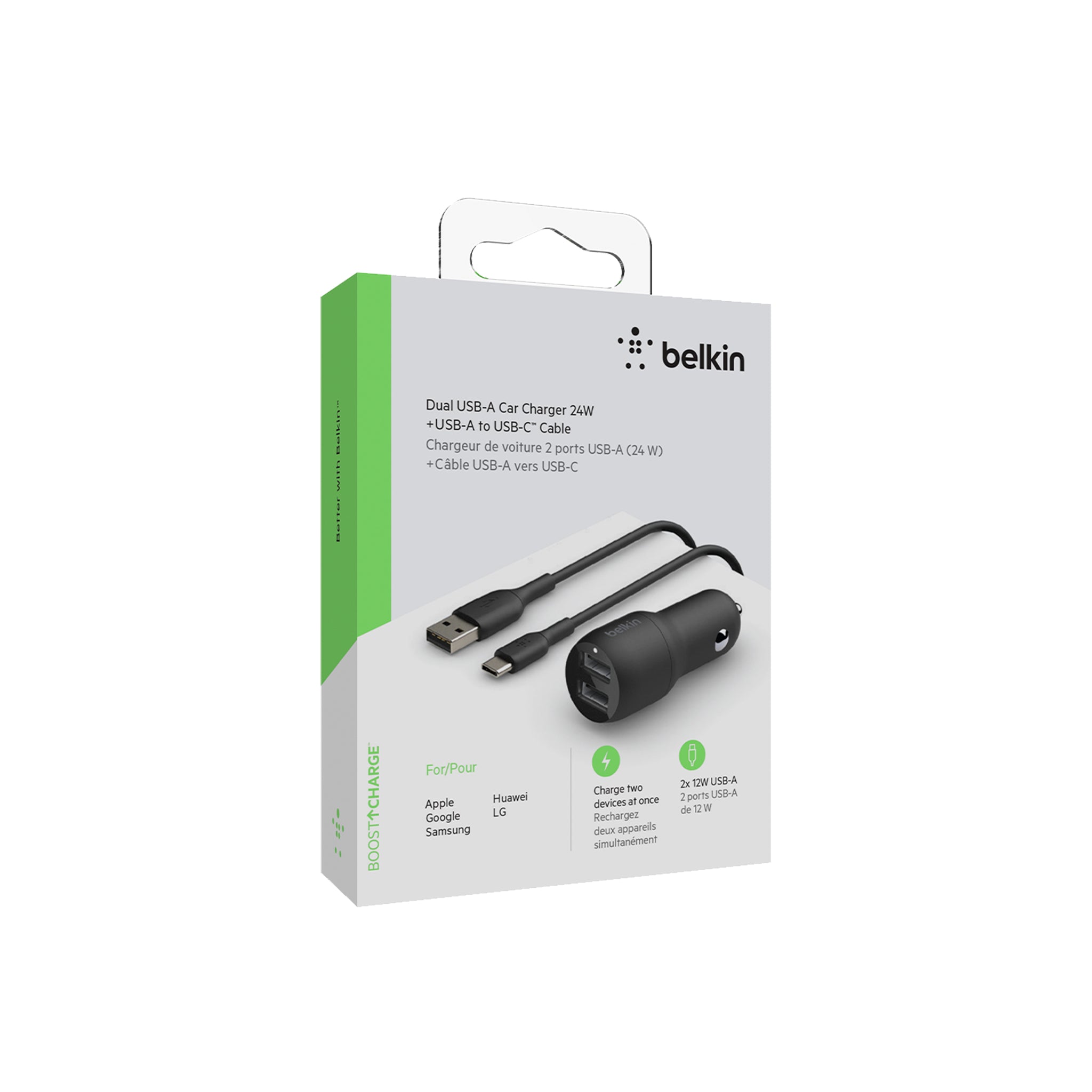 Belkin - Dual Port Usb A Car Charger 24w With Usb A To Usb C Cable 3ft - Black