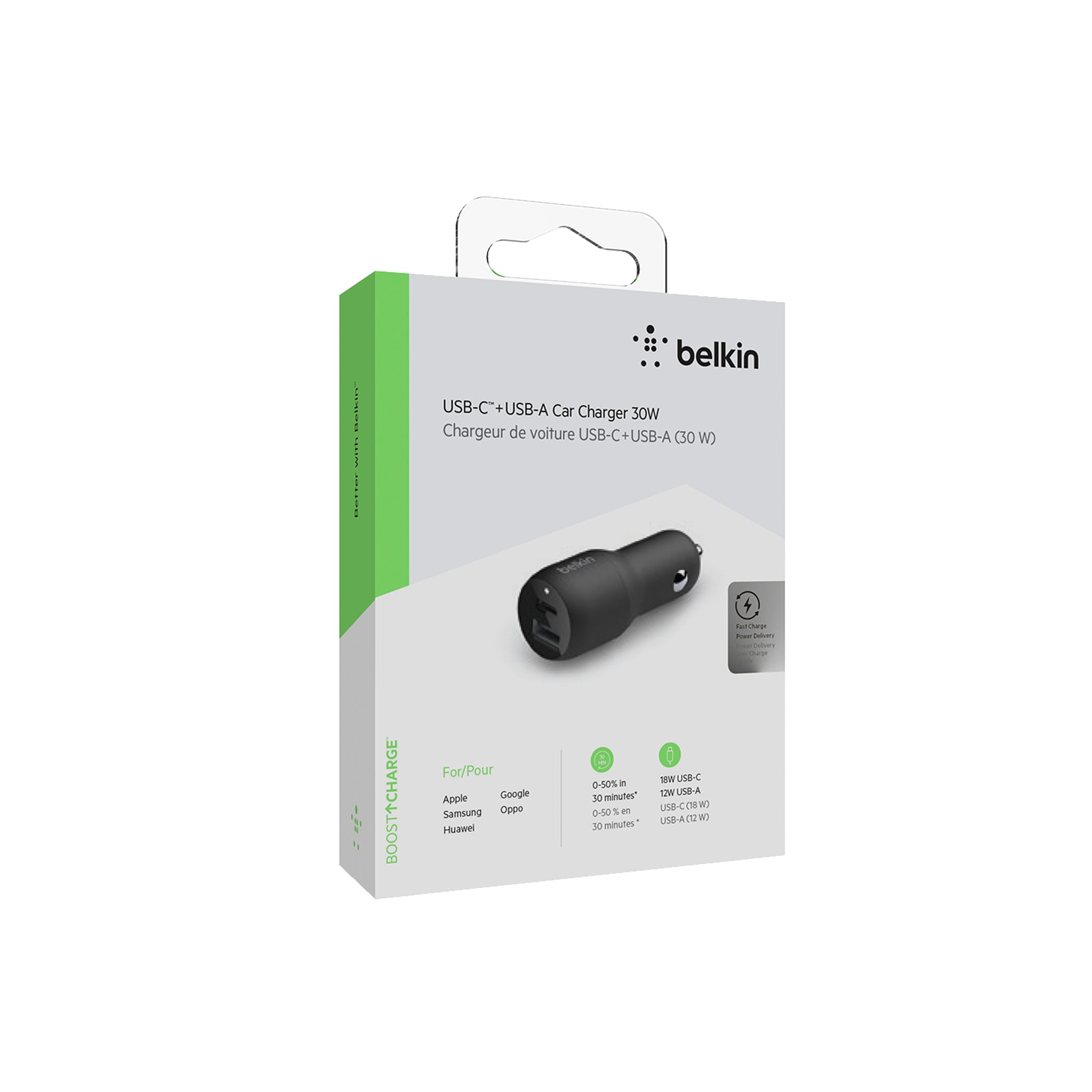 Belkin - Dual Port Usb C Power Delivery 18w And Usb A 12w Car Charger - Black