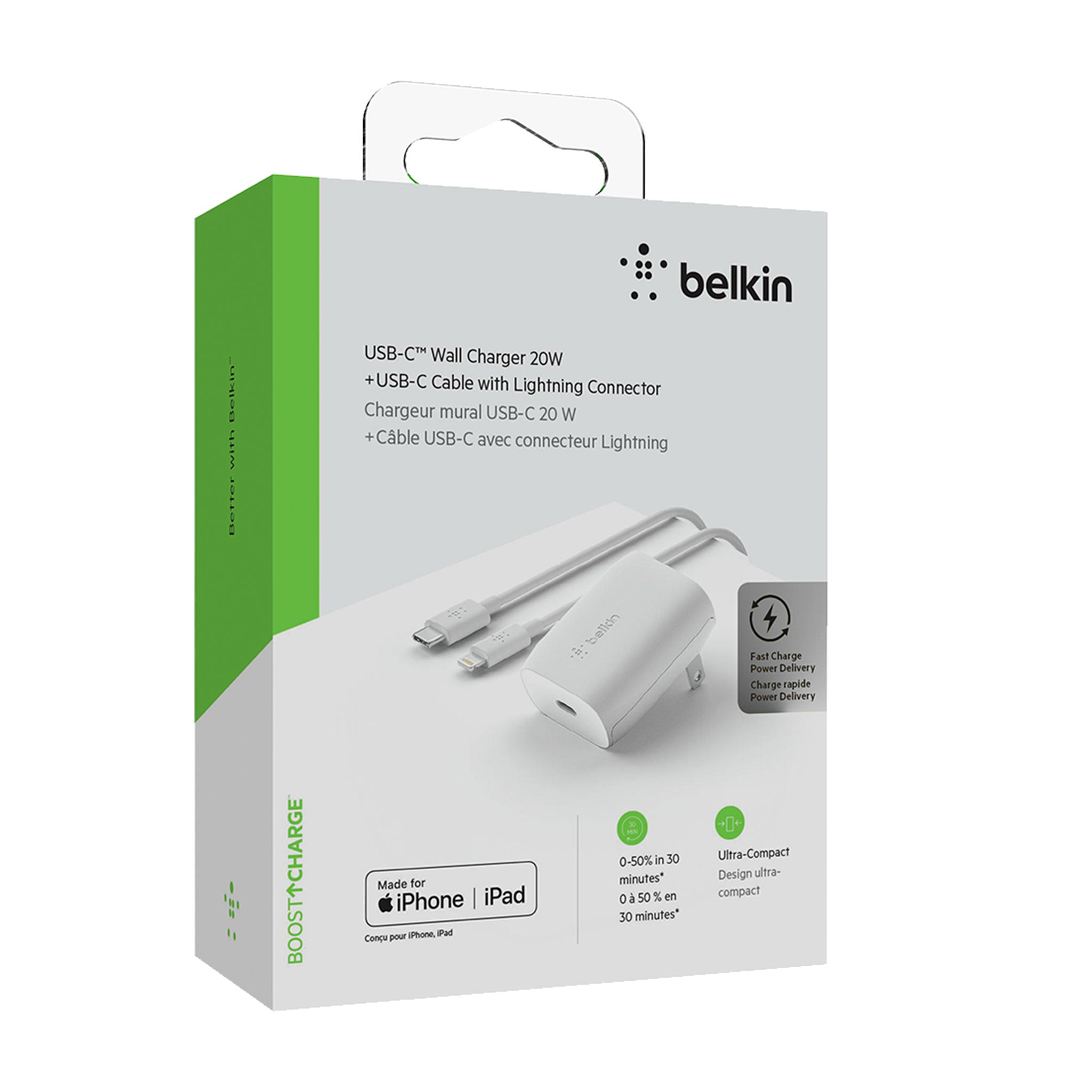 Belkin - Boost Up Usb C Pd Wall Charger 20w And Usb C To Apple Lightning Cable 4ft - White