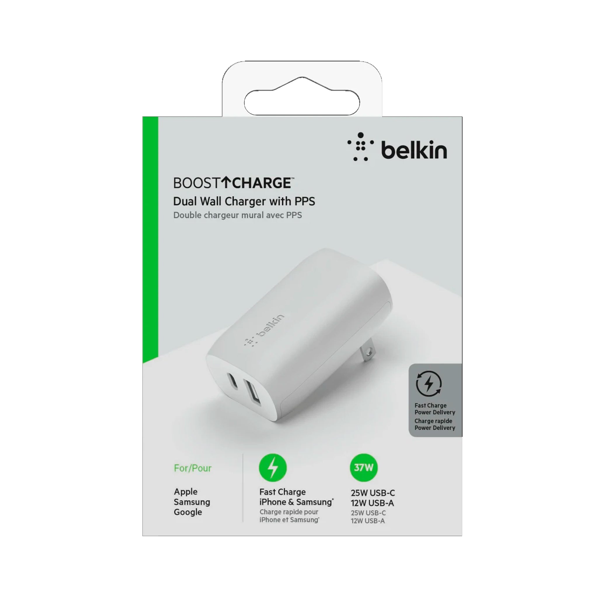 Belkin - Dual Port Usb A And Usb C Pd 37w Wall Charger With Pps - White