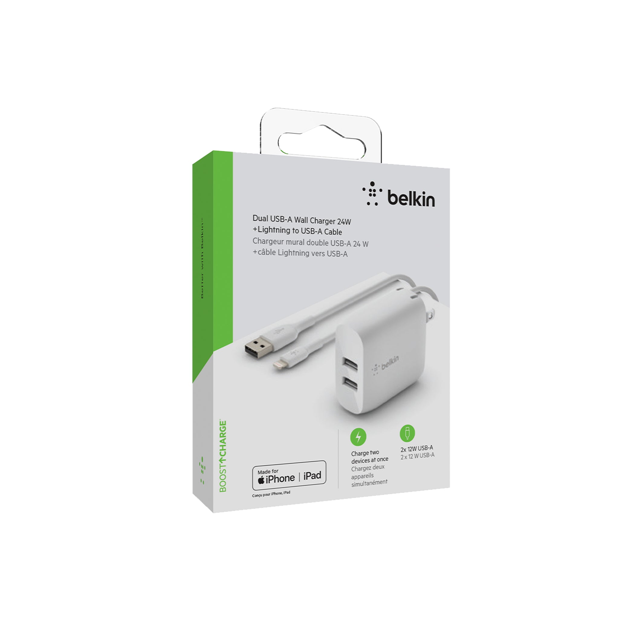 Belkin - Dual Port Usb A 24w Wall Charger With Apple Lightning Cable 3ft - White